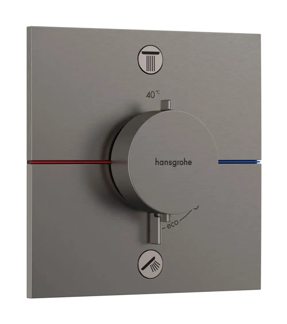 Thermostat von Hansgrohe mit zentralem Drehregler zur Temperatureinstellung, gekennzeichnet mit Symbolen für Dusche, Eco und einer Temperaturmarkierung bei 40 °C.